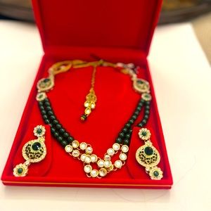 Kundan green beads necklace set with tika